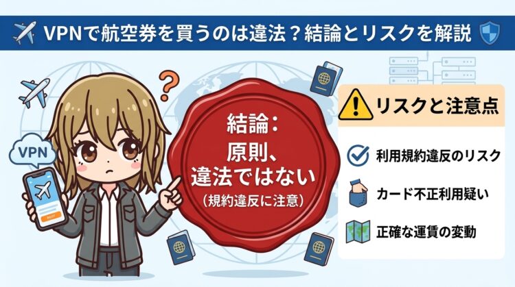 VPNで航空券を買うのは違法？2026年最新の結論とリスクを正直に解説
