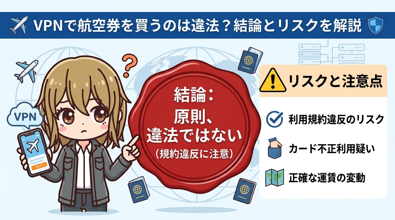 VPNで航空券を買うのは違法？2026年最新の結論とリスクを正直に解説